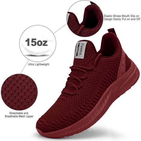 Men's Burgundy Non Slip Lightweight Workout Breathable Mesh Fashion Sneakers - Picture 3 of 6